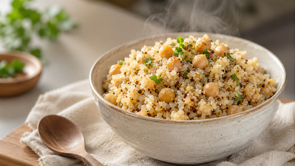 The Konjac Queen high fiber konjac rice ready meal with chickpeas and quinoa